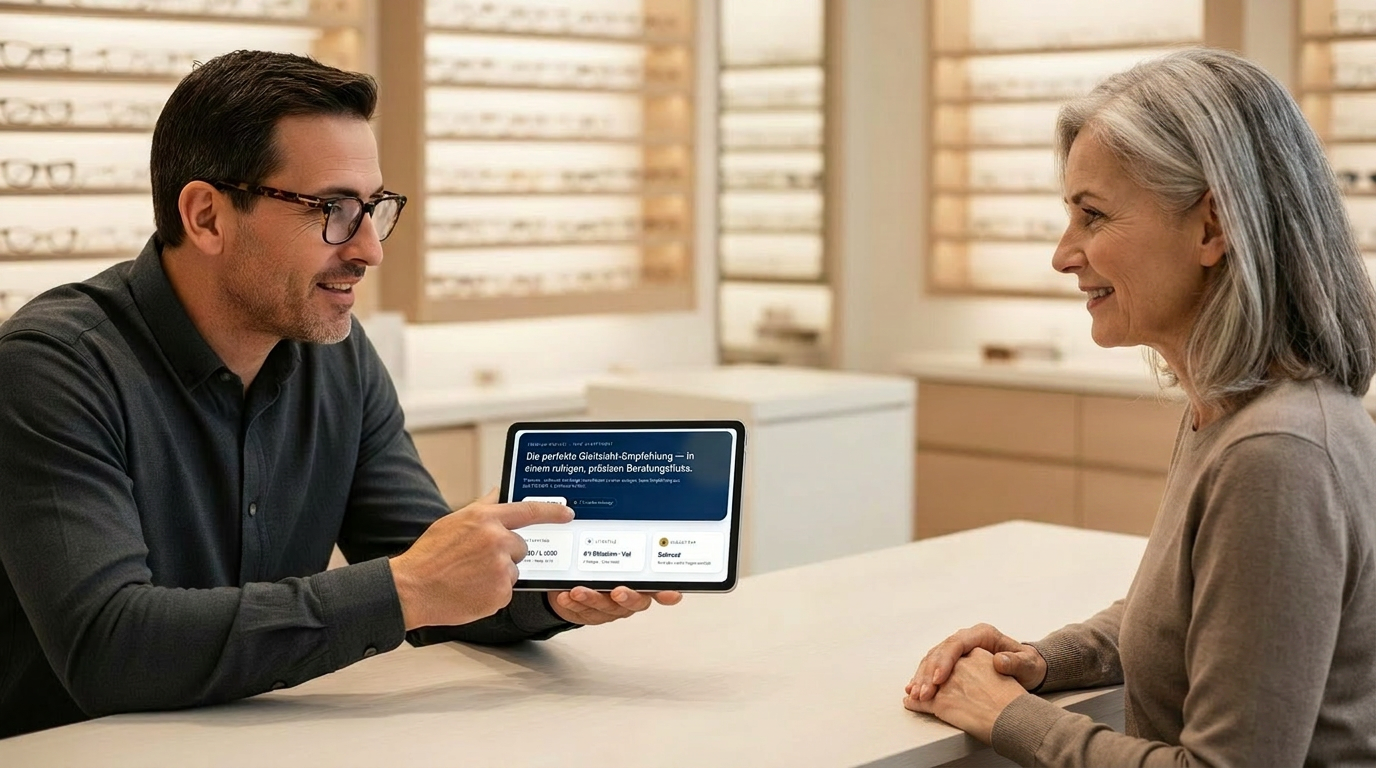 Optikerin berät Kundin mit der STEINER Insight Engine Web-App