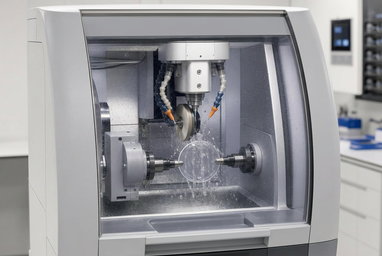 Brillenglas wird in einem CNC-Schleifautomaten der STEINER-Werkstatt formgerandet