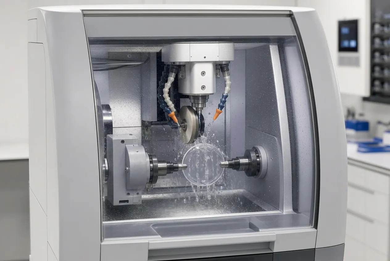 Brillenglas wird in einem CNC-Schleifautomaten der STEINER-Werkstatt formgerandet